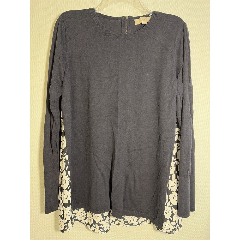 LOFT Navy Blue Mixed Media Floral Back Sweater Size XL Long Sleeve Zip